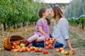 Portrait of little girl and beautiful mother with red apples in organic orchard. Happy woman and kid daughter picking Royalty Free Stock Photo