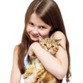Portrait Of A Little Girl With A Cat. Child And Pet