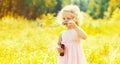 Portrait of little girl child blowing soap bubbles in sunny summer day Royalty Free Stock Photo