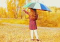 Portrait of little girl child with colorful umbrella in sunny autumn park Royalty Free Stock Photo
