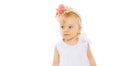 Portrait little girl child with floral wreath headband on her head on a white background Royalty Free Stock Photo