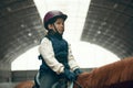 Portrait of little girl, child in helmet sitting on brown horse, training, practicing horseback riding. Royalty Free Stock Photo