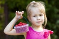 Portrait of a little girl child holdind small basket of ripe raspberries. Close-up Royalty Free Stock Photo