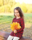 Portrait little girl child with yellow maple leafs in autumn Royalty Free Stock Photo