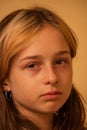 Portrait of little girl crying with tears rolling down her cheeks. Girl crying. Girl 9 years old is very upset. Teenage Royalty Free Stock Photo