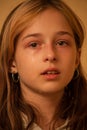 Portrait of little girl crying with tears rolling down her cheeks. Girl crying. Girl 9 years old is very upset. Teenage Royalty Free Stock Photo
