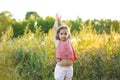 Portrait of a little girl with flowers in the field