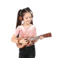 Portrait of little girl with headphones playing guitar isolated Royalty Free Stock Photo