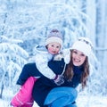 Portrait of a little girl and her mother in winter hat in snow f Royalty Free Stock Photo