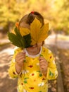 Portrait Little Girl Hiding Behind Autumn Leaves Royalty Free Stock Photo