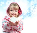 Portrait of a little girl holding a snow