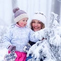 Portrait of a little girl and mother in winter hat in snow fores Royalty Free Stock Photo