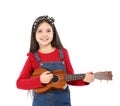 Portrait of little girl playing guitar, isolated Royalty Free Stock Photo