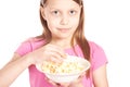 Portrait of a little girl with popcorn on white Royalty Free Stock Photo