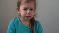 Portrait little girl sad upset child burst into tears cries sob looking at camera indoors. sincere children emotions Royalty Free Stock Photo