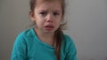 Portrait little girl sad upset child burst into tears cries sob looking at camera indoors. sincere children emotions Royalty Free Stock Photo