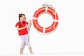 Portrait of little girl sea theme, little girl and lifebuoy Royalty Free Stock Photo