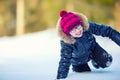 Portrait of a little girl in the snow. Winter joy of a child of a lot of snow Royalty Free Stock Photo