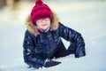 Portrait of a little girl in the snow. Winter joy of a child of a lot of snow Royalty Free Stock Photo