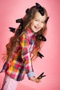 Portrait of a little girl with tropical butterflies. Royalty Free Stock Photo