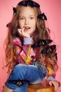 Portrait of a little girl with tropical butterflies. Royalty Free Stock Photo