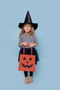 Portrait of a little girl in witch hat and black clothing holding halloween bag Royalty Free Stock Photo