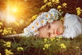 Portrait of a little girl in a wreath of daisies on an abstract background