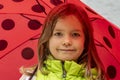 Portrait of a little girl of 5 years old with a red rain umbrella, with long blonde hair on a light background. Royalty Free Stock Photo