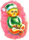 Portrait of a little gnome helper santa claus in a green cap and blouse