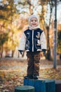 A portrait of a little handsome smiling boy in the autumn forest or park in yellow leaves Royalty Free Stock Photo