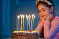 Portrait of little pretty girl with birthday cake. Royalty Free Stock Photo