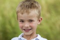 Portrait of a little smiling boy with golden blonde straw hair i Royalty Free Stock Photo