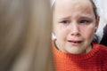 Portrait of little tearful girl in medical disposable cap crying in pain after ear piercing or other medical procedures