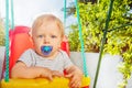 Portrait of little toddler boy swing in the garden Royalty Free Stock Photo