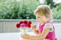 Portrait of little toddler girl admiring bouquet of blooming red and pink dahlia flowers. Cute happy child smelling and Royalty Free Stock Photo