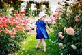 Portrait of little toddler girl in blossoming rose garden. Cute beautiful lovely child having fun with roses and flowers Royalty Free Stock Photo