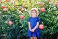 Portrait of little toddler girl in blossoming rose garden. Cute beautiful lovely child having fun with roses and flowers Royalty Free Stock Photo