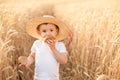 Portrait of little toddler in straw hat eating bread standing at wheat field among golden spikes in summer day at countryside Royalty Free Stock Photo