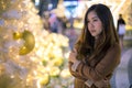 Portrait of lonely asian woman, outdoor in night