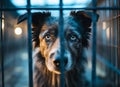 Lonely helpless mongrel homeless dog abandoned and new owner between steel cages in animal shelter. Help to pets and adoption Royalty Free Stock Photo