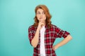 portrait look of young girl. red haired woman. redhead woman in checkered shirt. Royalty Free Stock Photo