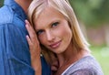 Portrait, love and couple with face on chest outdoor in garden, park or nature closeup for dating. Anniversary Royalty Free Stock Photo