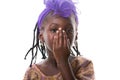 Portrait of a lovely African little girl cover face own arm,isolated