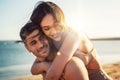 Portrait of lovely couple in love having fun on the beach. Young beautiful people hugging . Romantic moment. Valentine`s day Royalty Free Stock Photo