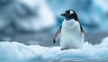 Portrait of lovely penguin floating on small iceberg in cold Antarctic sea waters with picturesque moody landscape background.