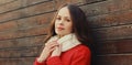 Portrait of lovely young brunette woman wearing red jacket, scarf in the city Royalty Free Stock Photo