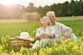 Loving elderly couple having a picnic posing in the summer