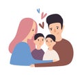 Portrait of loving family. Happy father, mother and pair of kids cuddling. Cute parents and children hugging. Funny