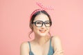 Portrait of lucky cute pretty woman enjoy summer free time holiday wear casual style clothes isolated over pink color background