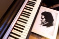 Portrait of Ludwig Beethoven next to the piano keyboard. The concept of the anniversary of the birth of the famous composer.